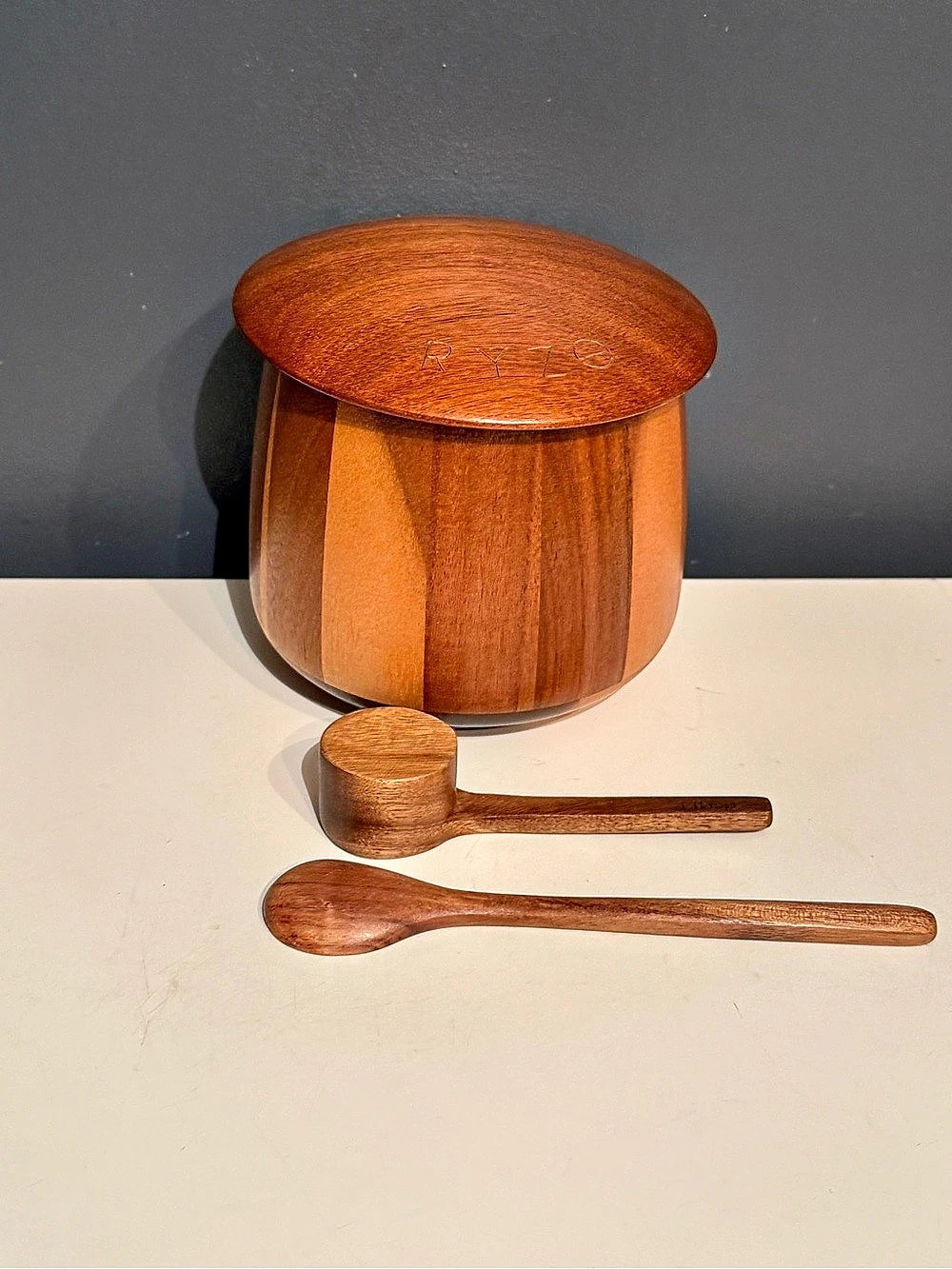 RYZE Wooden Salt Cellar with Spoon Set in Brown